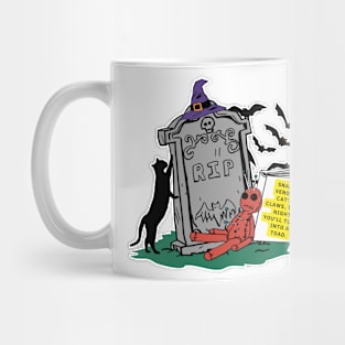 illustration of a graveyard tombstone and elements of witches represents a spell in process. Mug